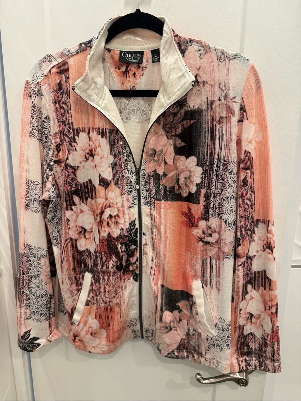 Onque Casuals Peach Floral Zip-Front Jacket